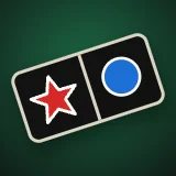 A domino tile with a red star on one half and a blue circle on the other